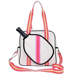 White pickleball bag with hot pink and orange strips.  Free Shipping
